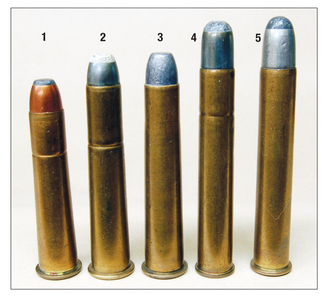 Forty-caliber, black-powder cartridges were generally more powerful than the (1) .40-65-260 and included the (2) .40-70-300,  (3) .40-82-260, (4) .40-72-330 and (5) smokeless .405 Winchester.
